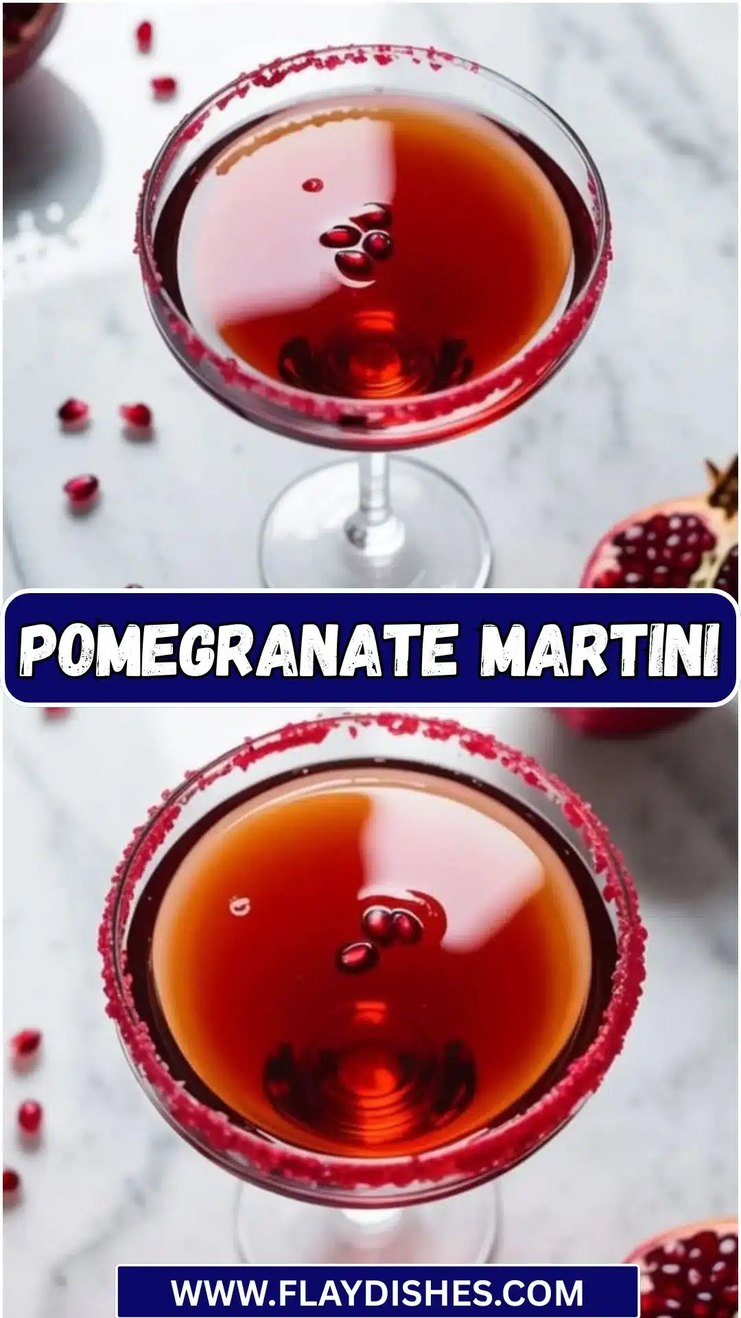 Pomegranate Martini 13 A delicious Pomegranate Martini garnished with fresh pomegranate seeds and a twist of lime.