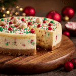 Delicious sugar cookie cheesecake slice topped with sprinkles and whipped cream.