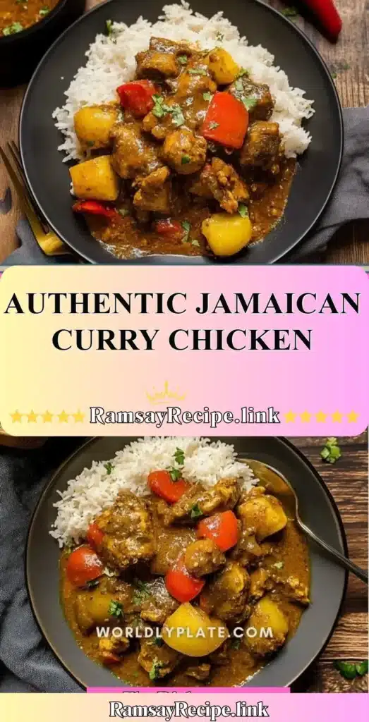 Plate of authentic Jamaican Curry Chicken with vibrant spices and garnishes