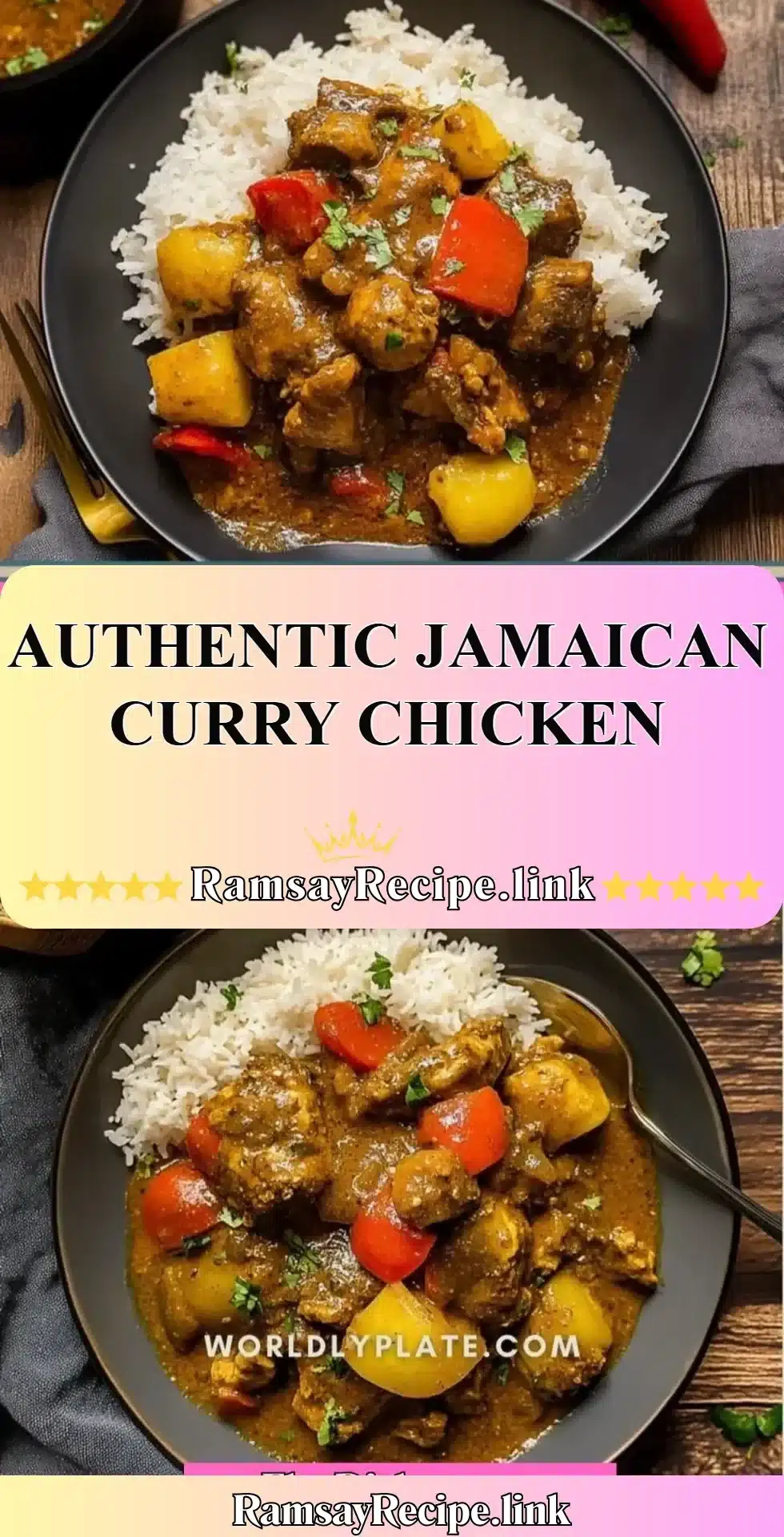 Plate of authentic Jamaican Curry Chicken with vibrant spices and garnishes