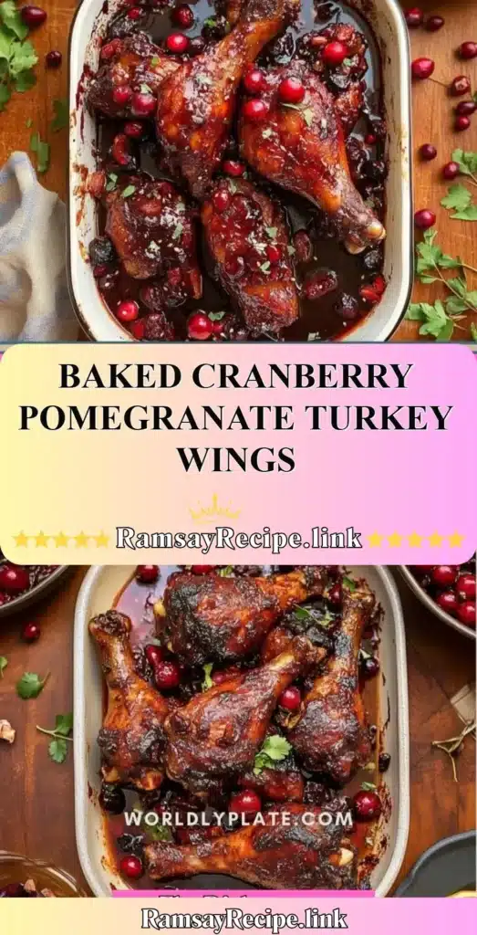 Baked cranberry pomegranate turkey wings served on a festive table.