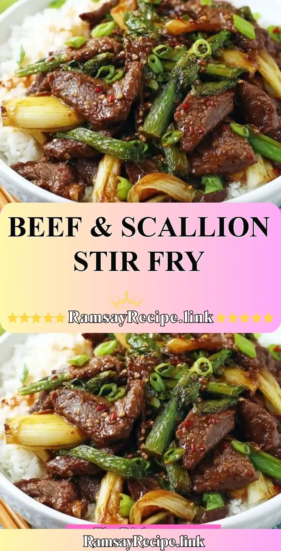 Beef and scallion stir fry with colorful vegetables in a pan