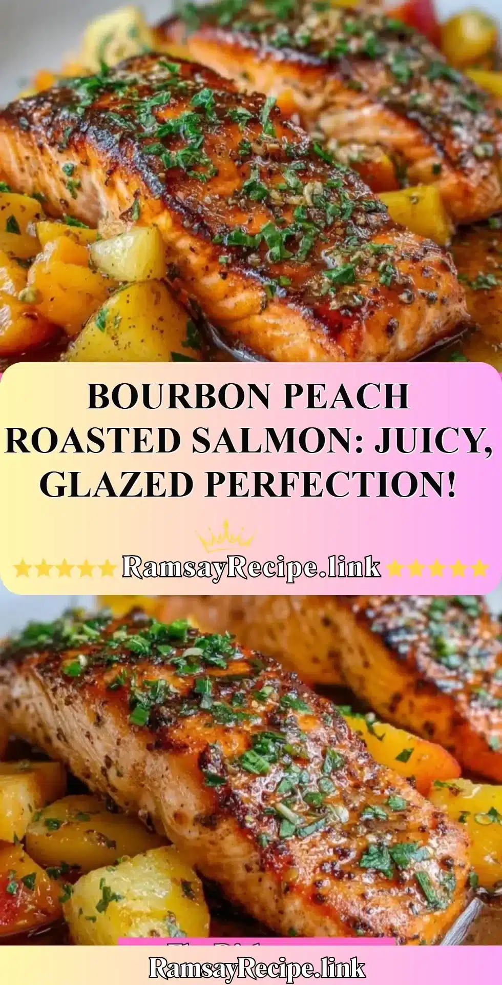 Bourbon Peach Roasted Salmon: Juicy, Glazed Perfection! 18 Bourbon Peach Roasted Salmon, beautifully glazed and garnished on a plate.