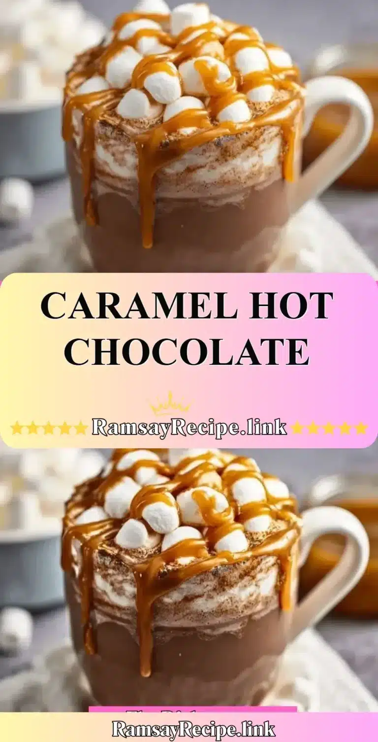 Delicious caramel hot chocolate topped with whipped cream and caramel drizzle