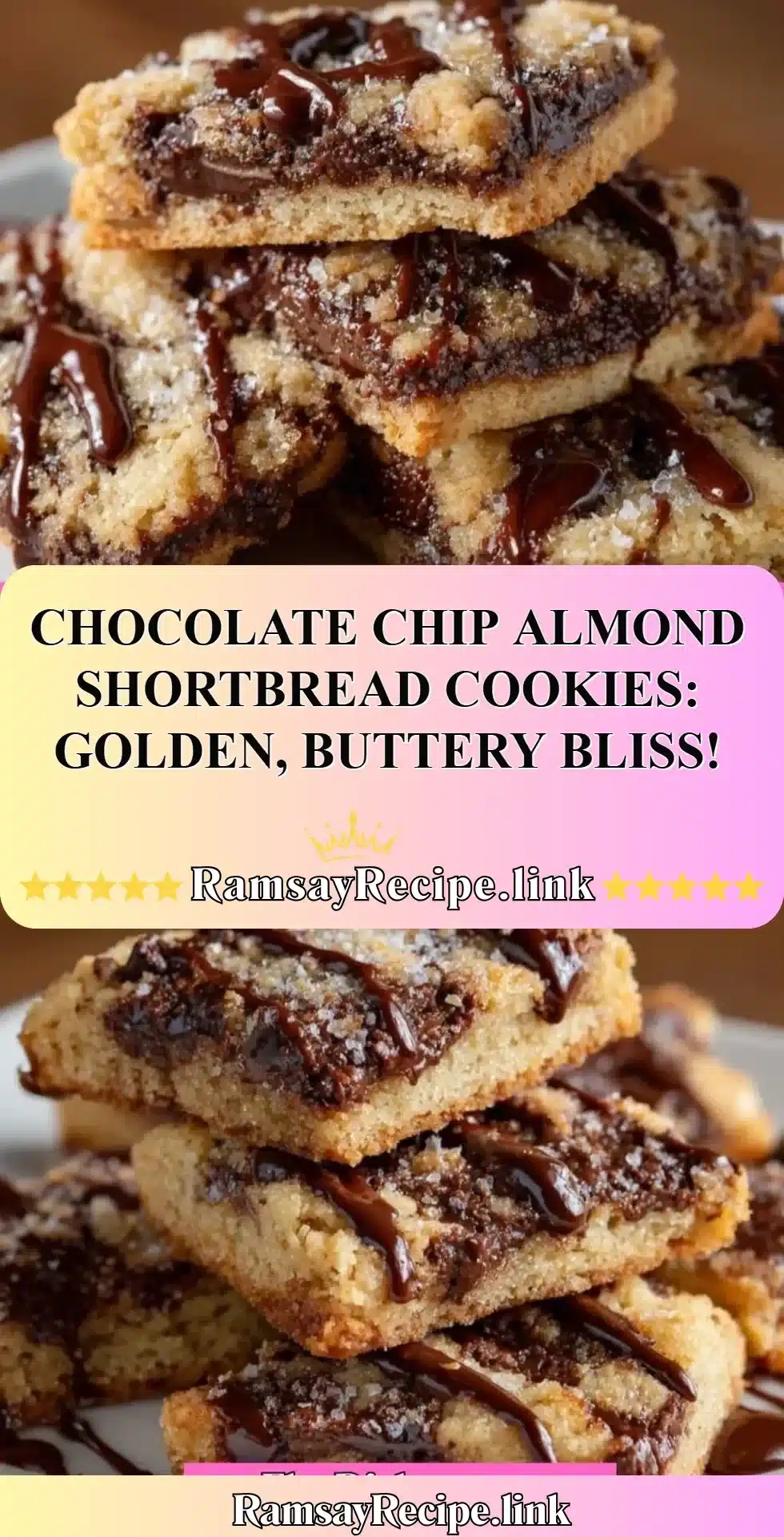 Chocolate Chip Almond Shortbread Cookies on a plate, golden and buttery