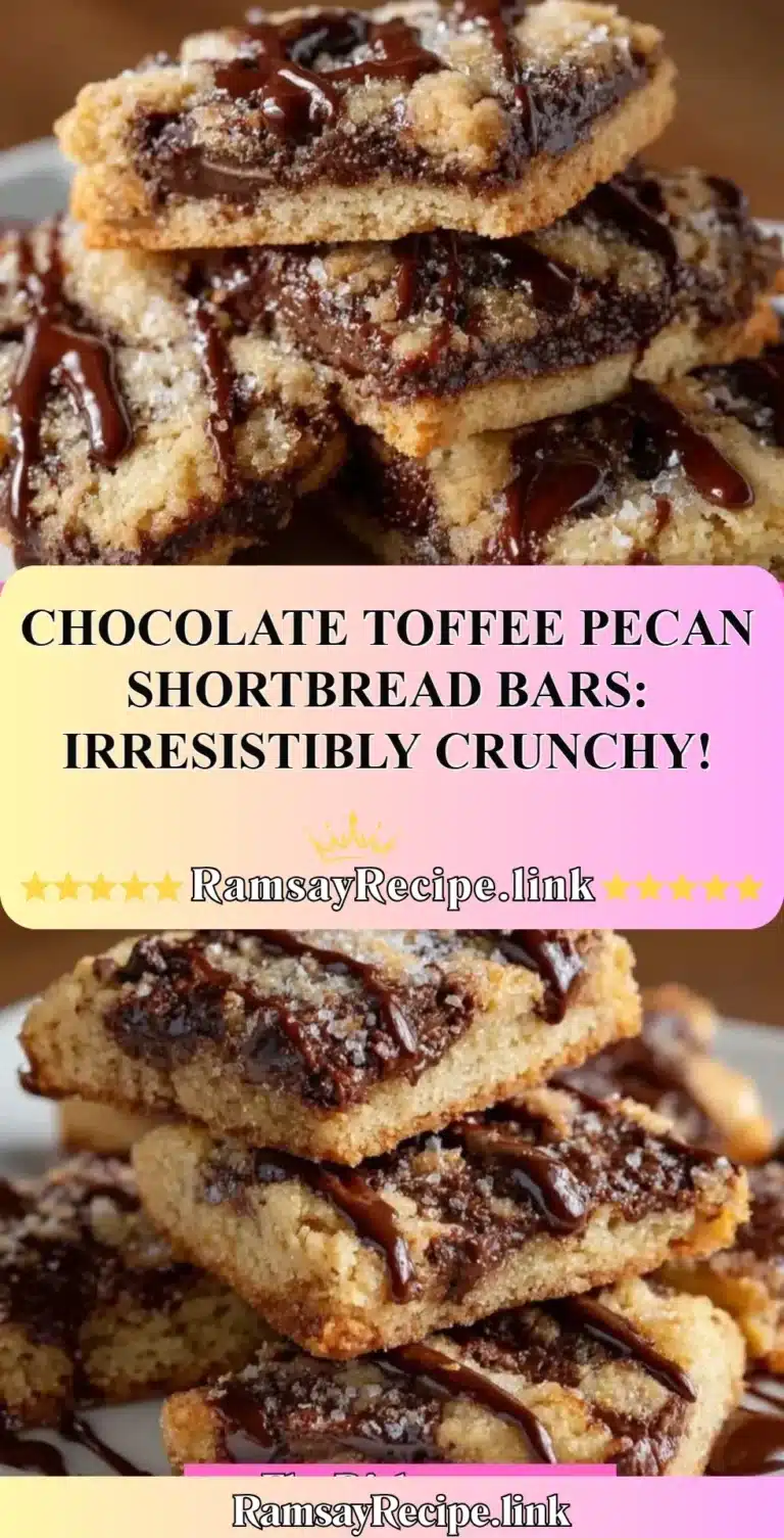 Chocolate Toffee Pecan Shortbread Bars: Irresistibly Crunchy! 6 Chocolate toffee pecan shortbread bars on a plate with a drizzle of chocolate