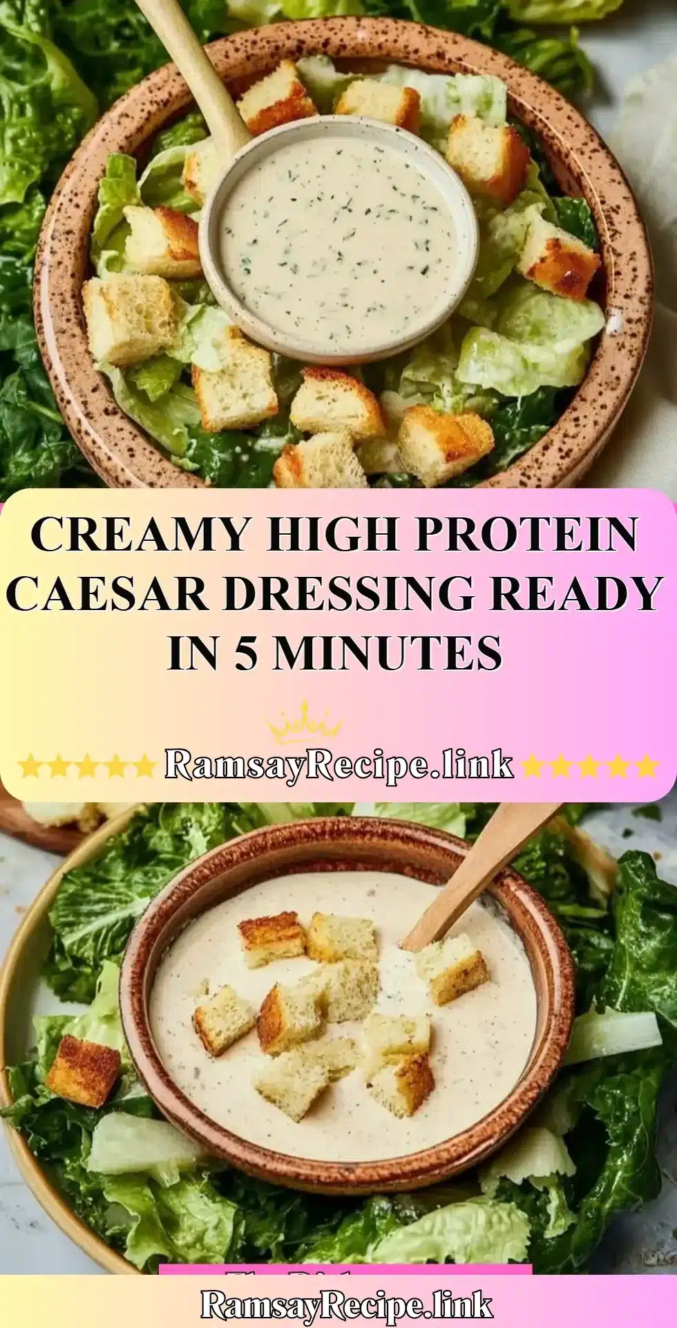 Creamy high protein Caesar dressing in a bowl with fresh ingredients