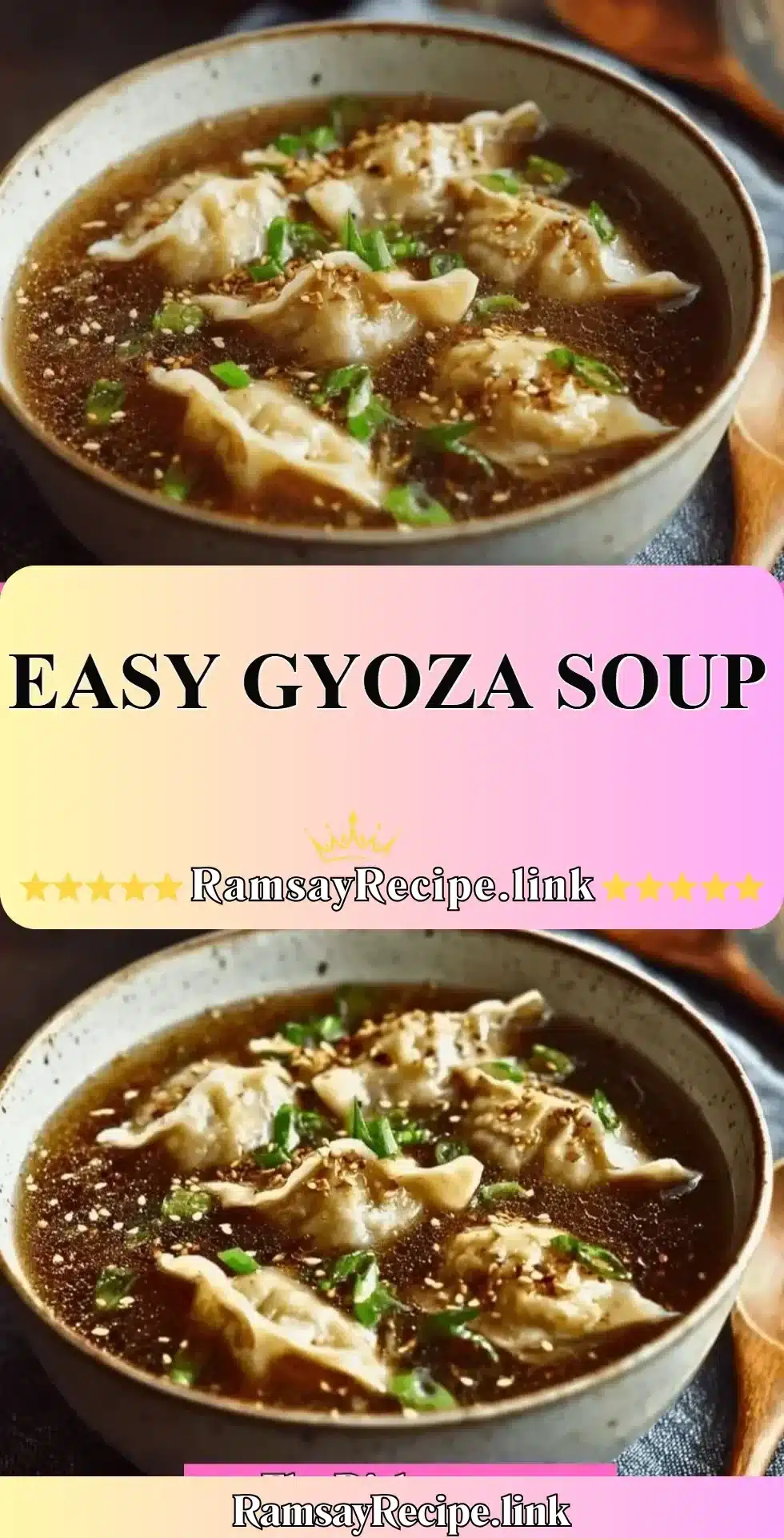 A warm bowl of Easy Gyoza Soup with dumplings and fresh herbs