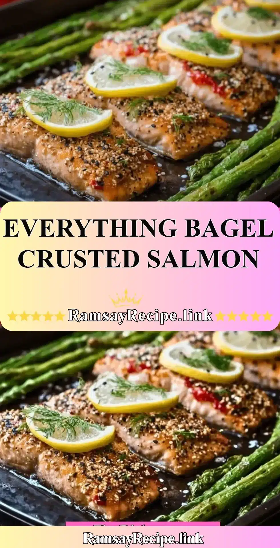 Everything bagel crusted salmon fillet on a plate with herbs