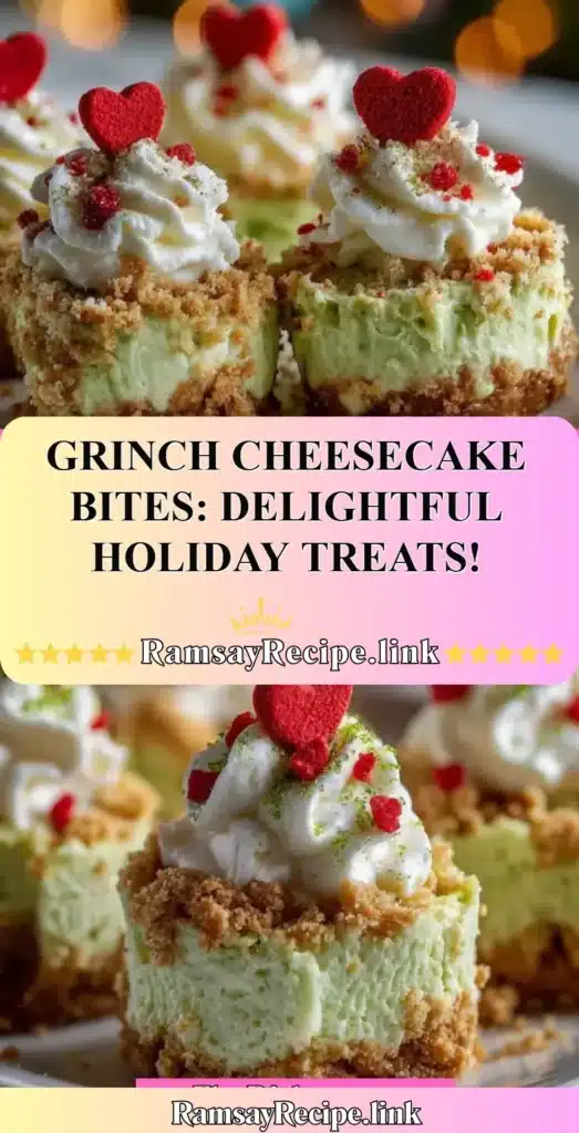 Green Grinch Cheesecake Bites on a festive plate, perfect holiday treats.