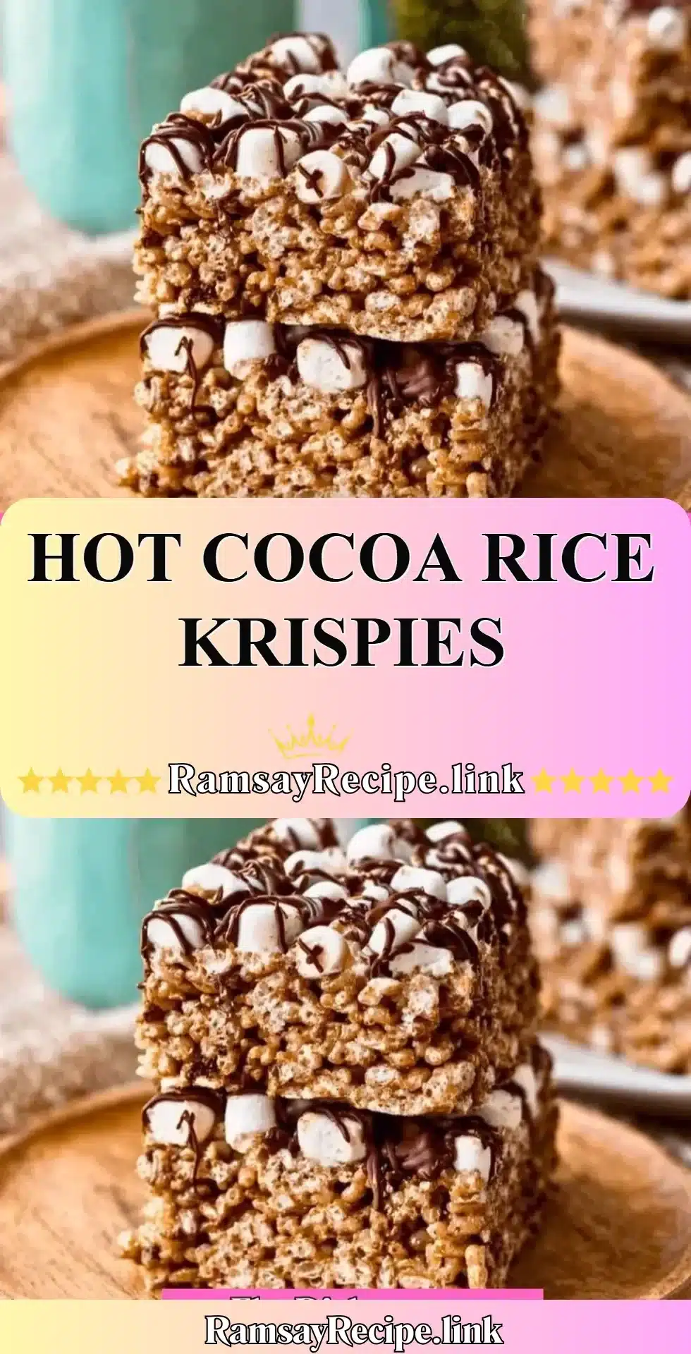 Delicious Hot Cocoa Rice Krispies treats topped with marshmallows and chocolate.
