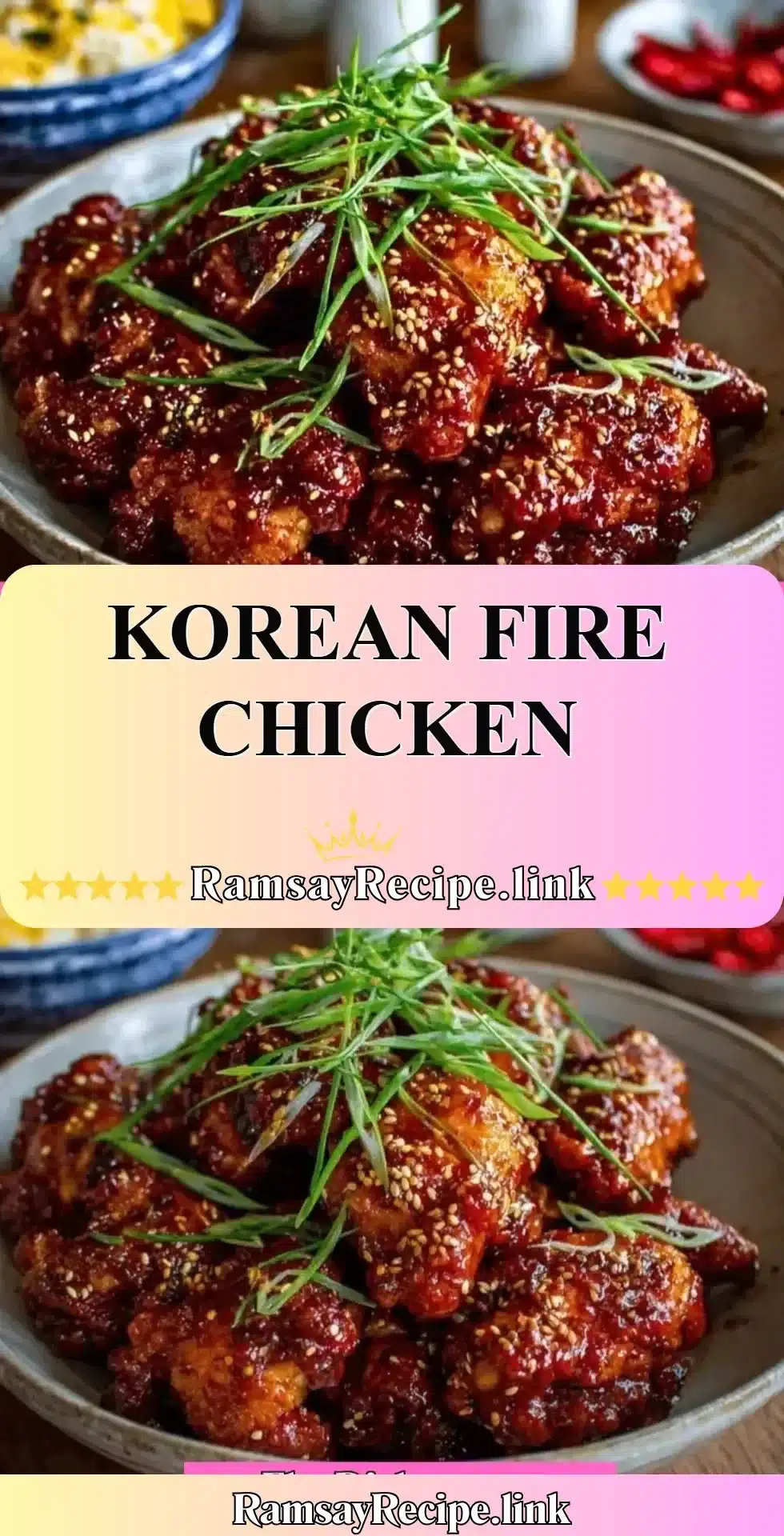 Delicious bowl of Korean Fire Chicken garnished with green onions and sesame seeds