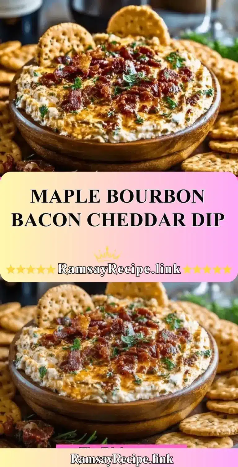 Maple Bourbon Bacon Cheddar Dip served in a bowl with crispy bacon on top