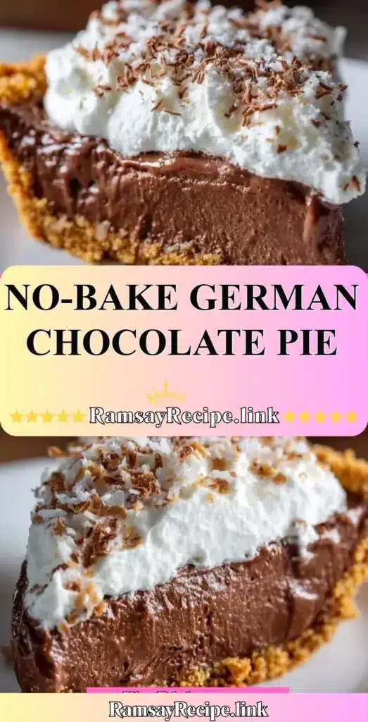 Delicious no-bake German Chocolate Pie topped with coconut and pecans