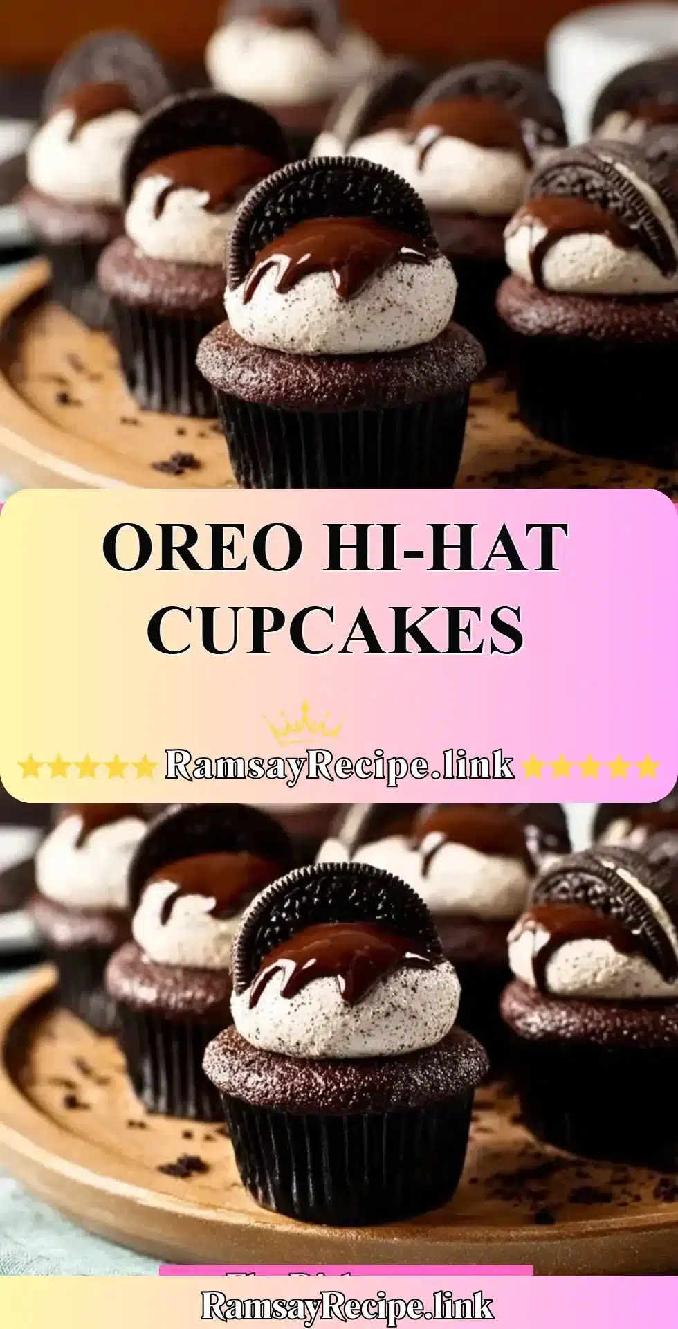 Oreo Hi-Hat Cupcakes with chocolate frosting and cookie topping
