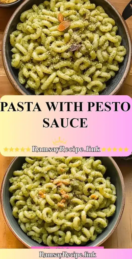 Bowl of pasta with fresh pesto sauce and grated cheese