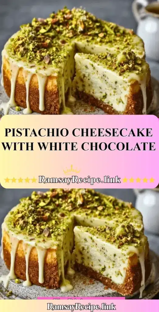Delicious pistachio cheesecake topped with white chocolate and crushed pistachios.