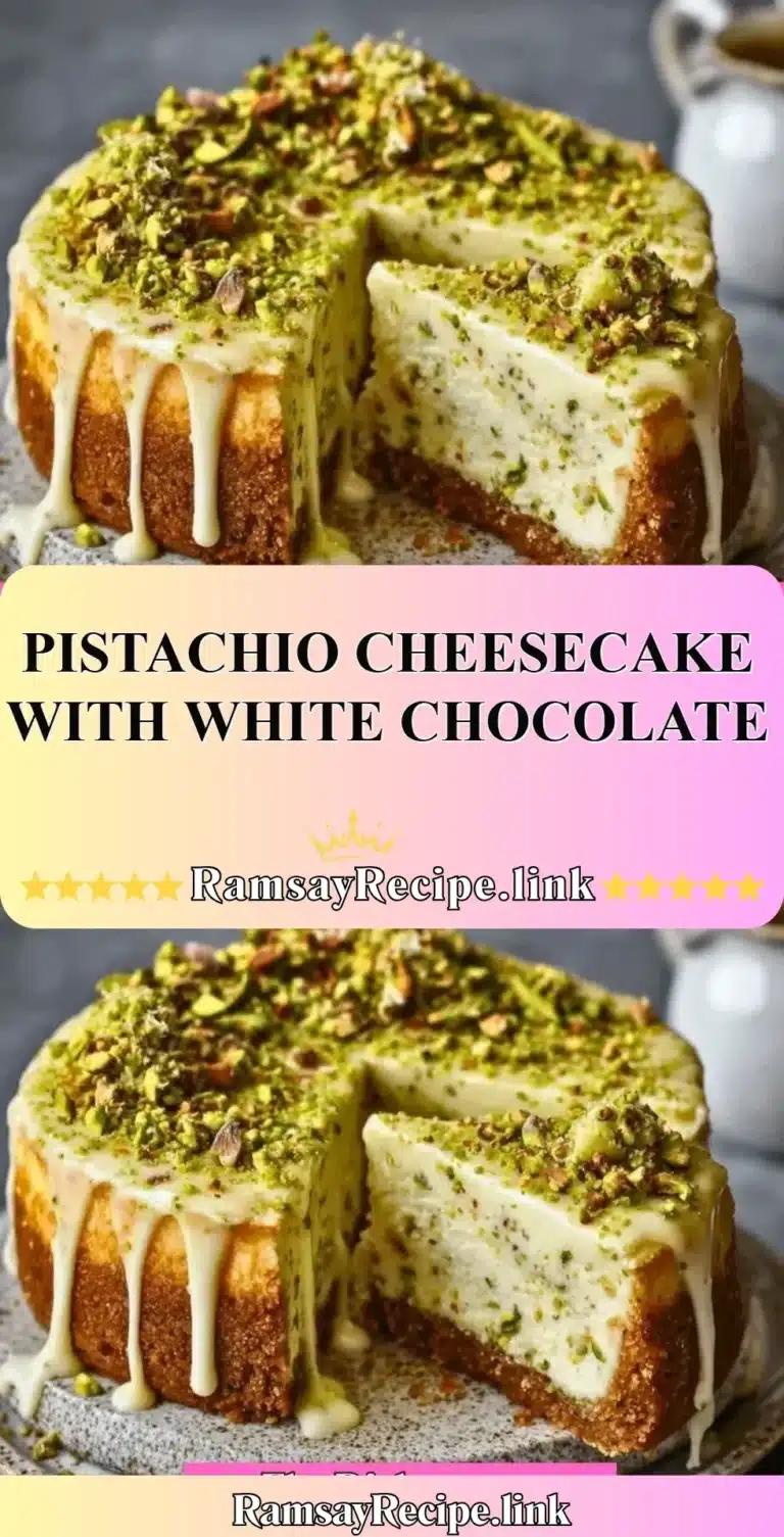 Delicious pistachio cheesecake topped with white chocolate and crushed pistachios.