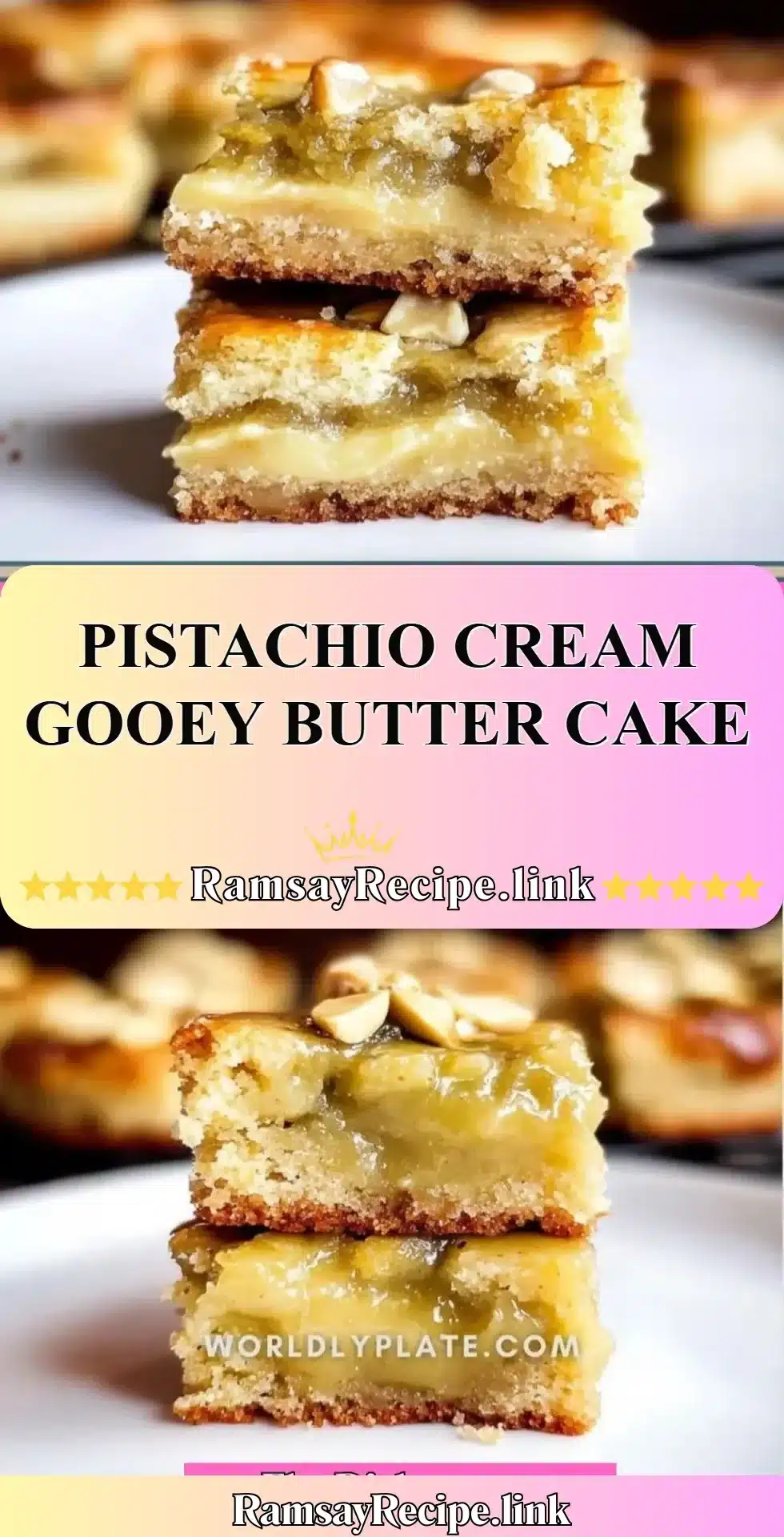 Pistachio Cream Gooey Butter Cake 2 Delicious slice of Pistachio Cream Gooey Butter Cake topped with nuts