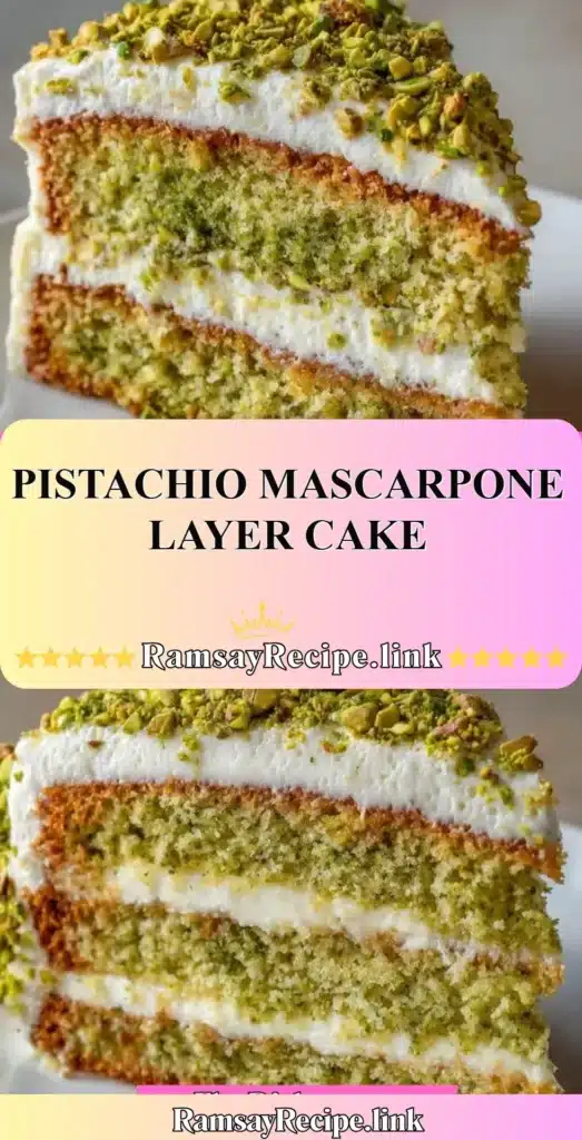 Pistachio Mascarpone Layer Cake with vibrant green pistachios and creamy frosting