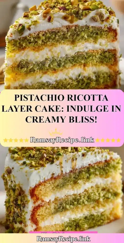 Delicious Pistachio Ricotta Layer Cake topped with creamy frosting and pistachios.