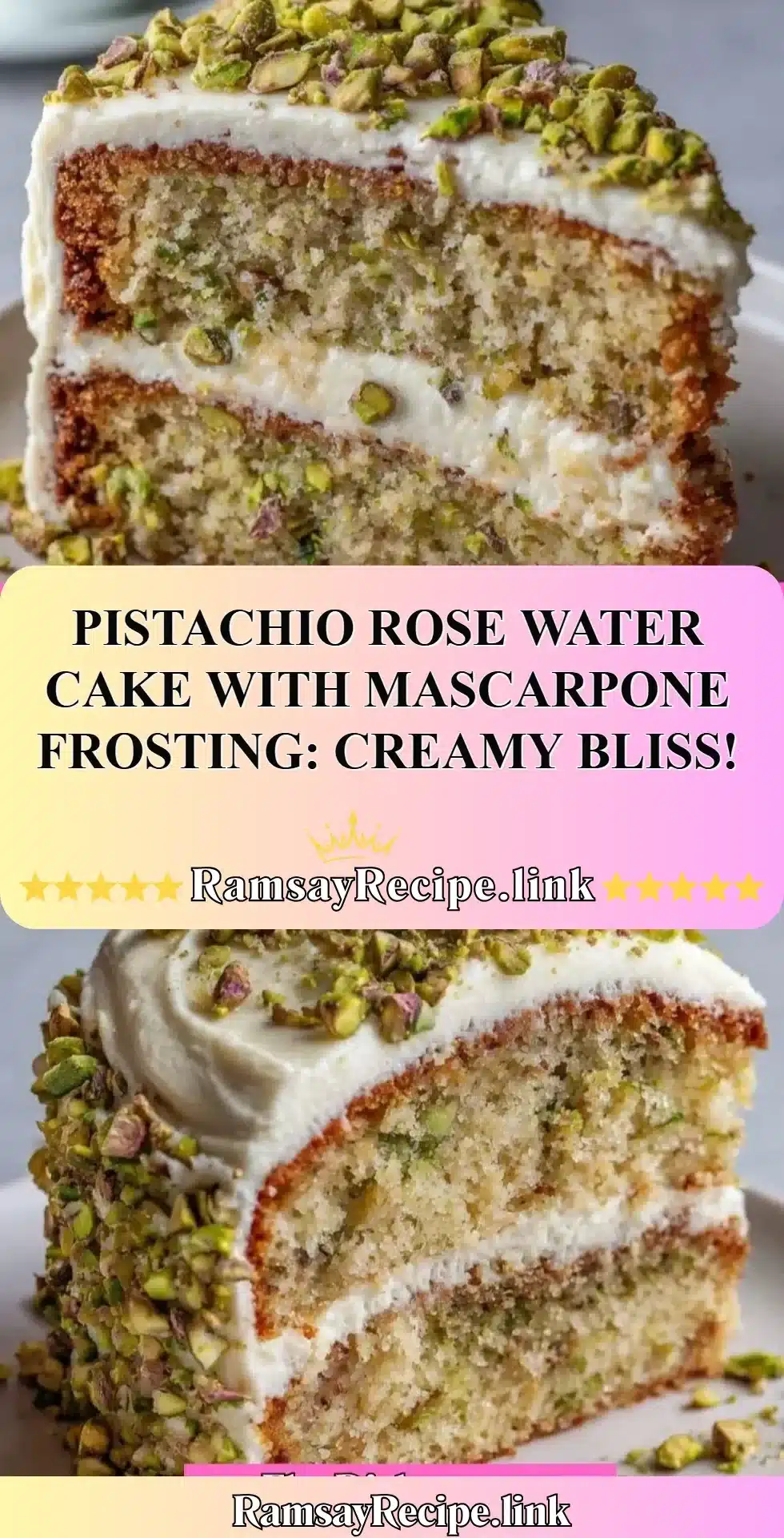 Pistachio Rose Water Cake with creamy mascarpone frosting on a decorative plate