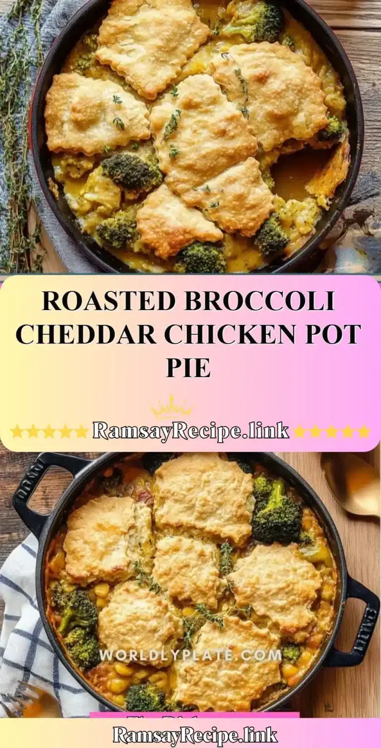 Delicious roasted broccoli cheddar chicken pot pie served in a rustic dish