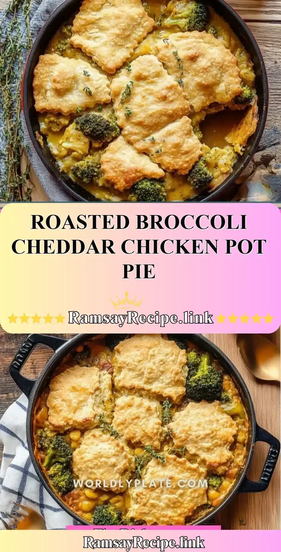 Roasted Broccoli Cheddar Chicken Pot Pie 2 Delicious roasted broccoli cheddar chicken pot pie served in a rustic dish