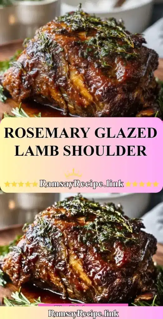 Rosemary glazed lamb shoulder served on a rustic wooden platter.