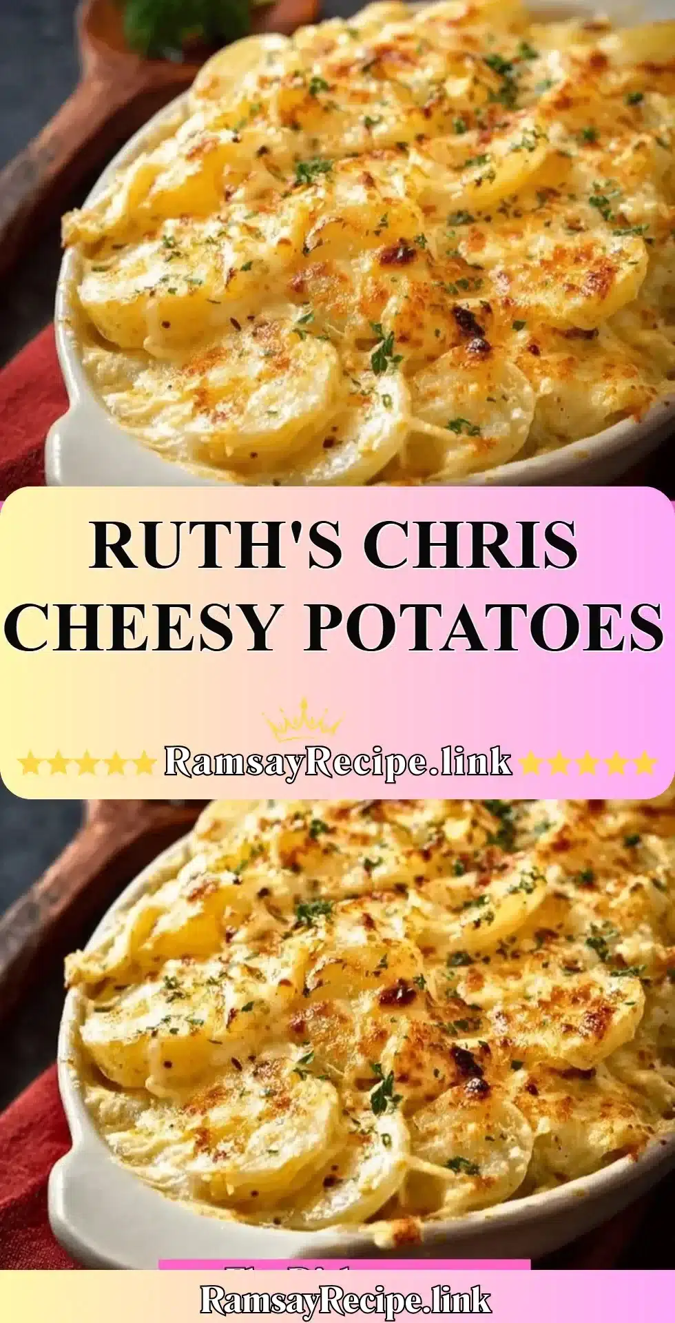 Delicious cheesy potatoes from Ruth's Chris restaurant, creamy and flavorful side dish.