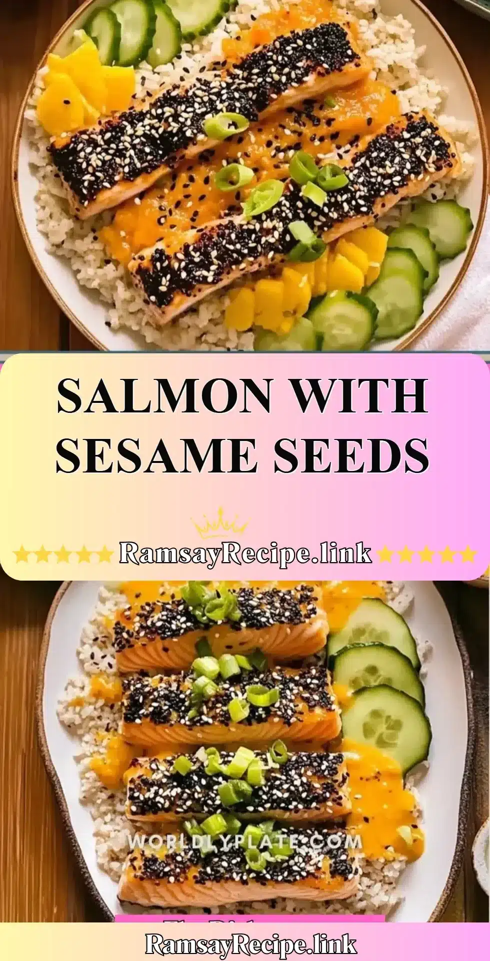 Grilled salmon fillet garnished with sesame seeds and herbs