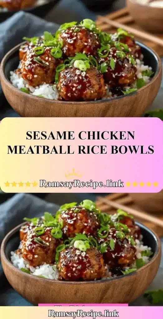 Delicious sesame chicken meatballs served over rice in a bowl.