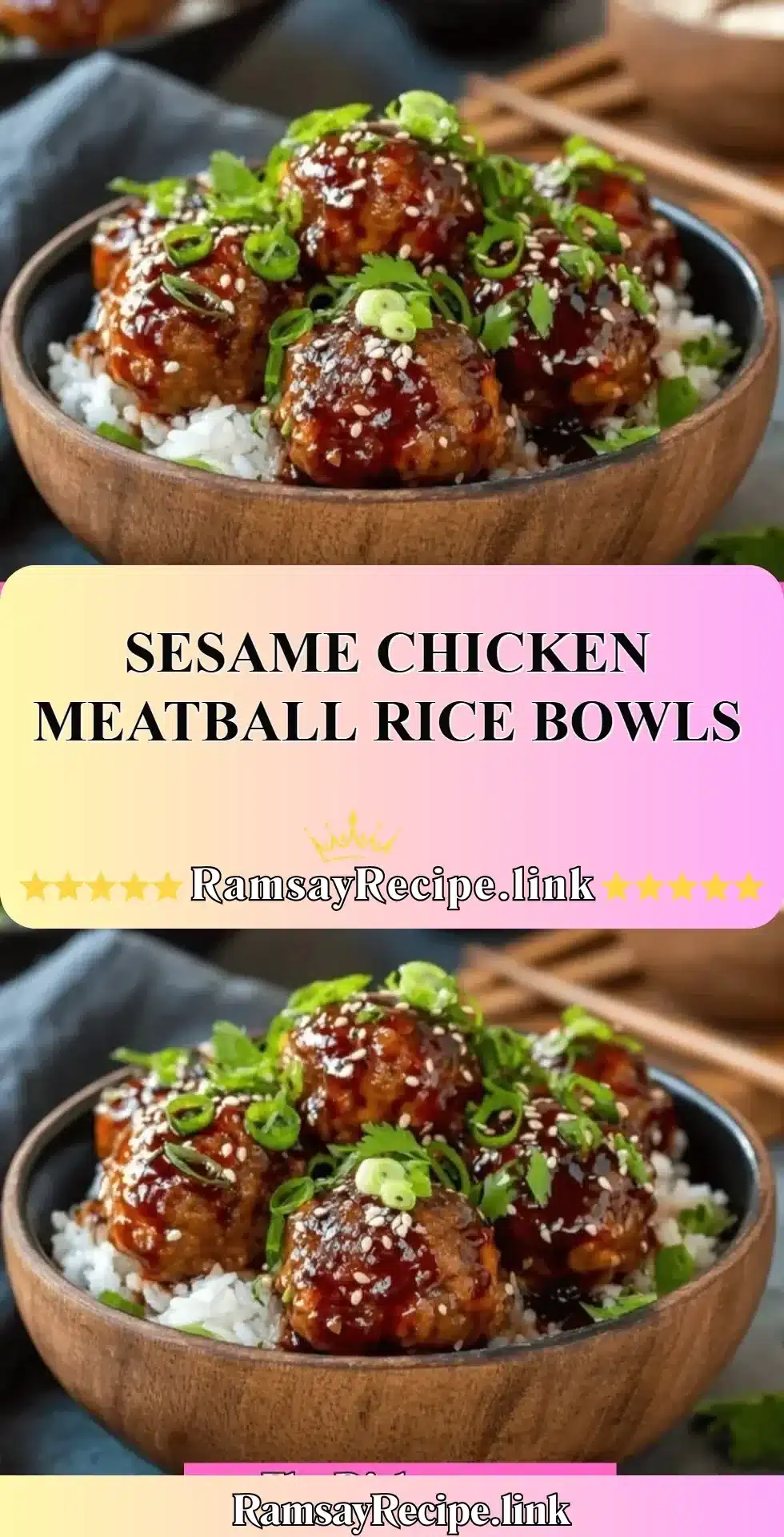 Delicious sesame chicken meatballs served over rice in a bowl.