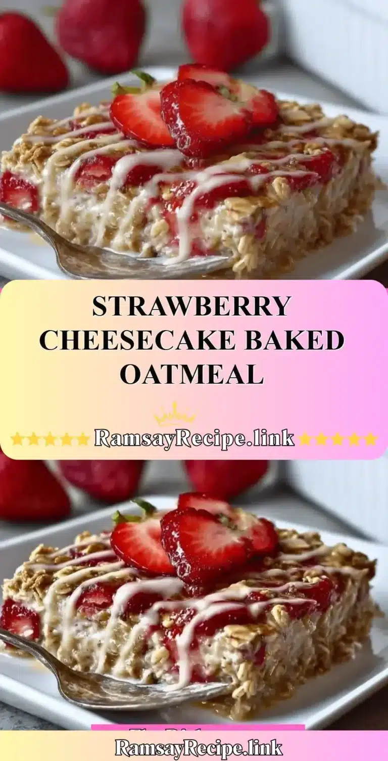 Delicious Strawberry Cheesecake Baked Oatmeal with fresh strawberries and creamy topping