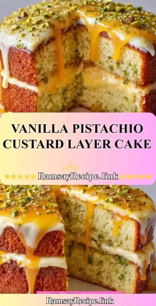 Vanilla Pistachio Custard Layer Cake with layers of creamy custard and pistachio nuts.