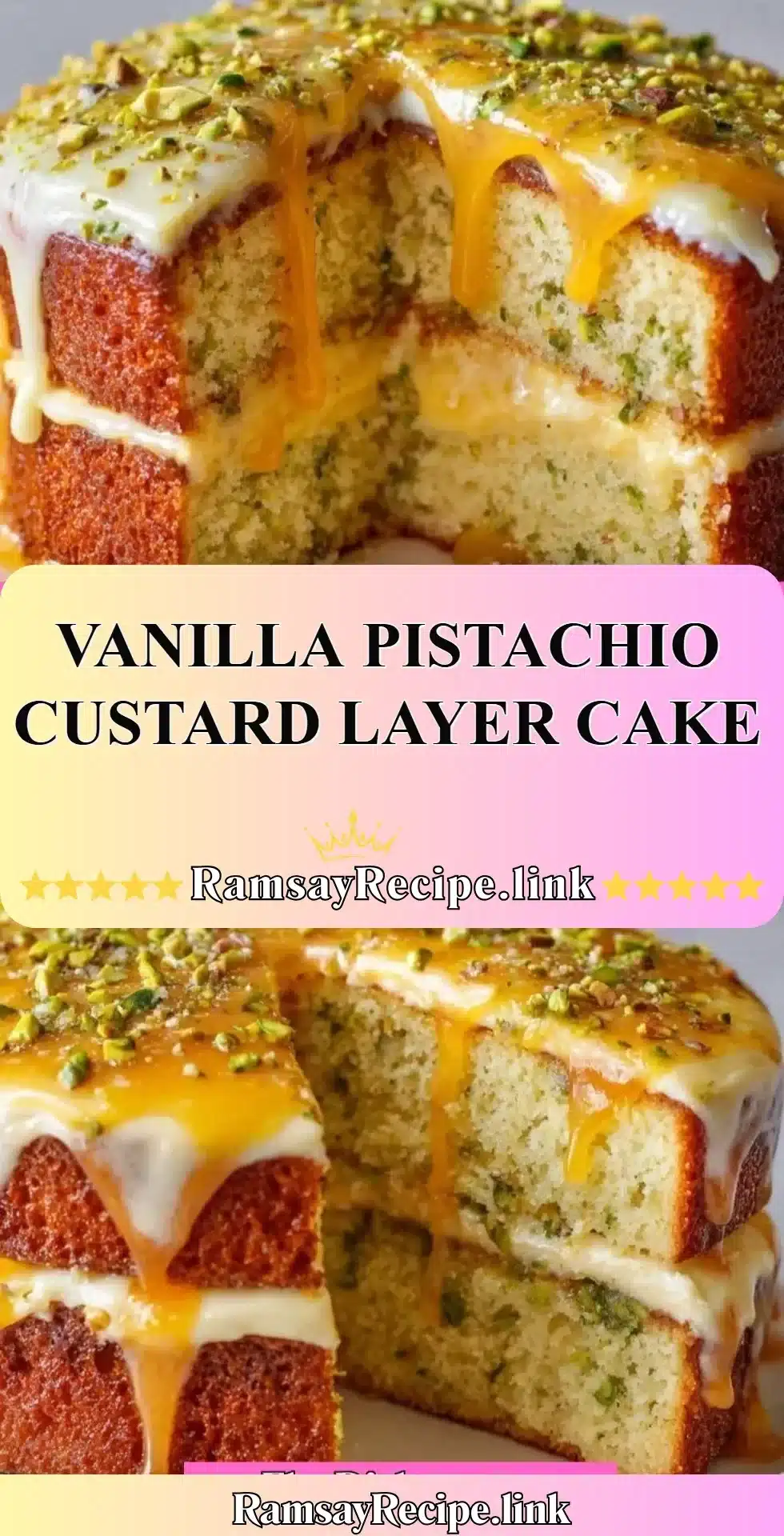 Vanilla Pistachio Custard Layer Cake with layers of creamy custard and pistachio nuts.
